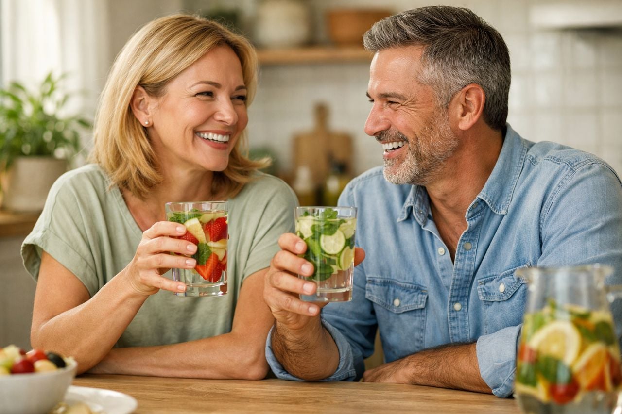 Due adulti sorridenti gustano acqua infusa con frutta e erbe in una cucina semplice e accogliente.