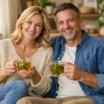Due adulti sorridenti mentre gustano una bevanda rilassante nel soggiorno di casa.