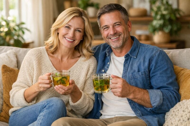 Due adulti sorridenti mentre gustano una bevanda rilassante nel soggiorno di casa.