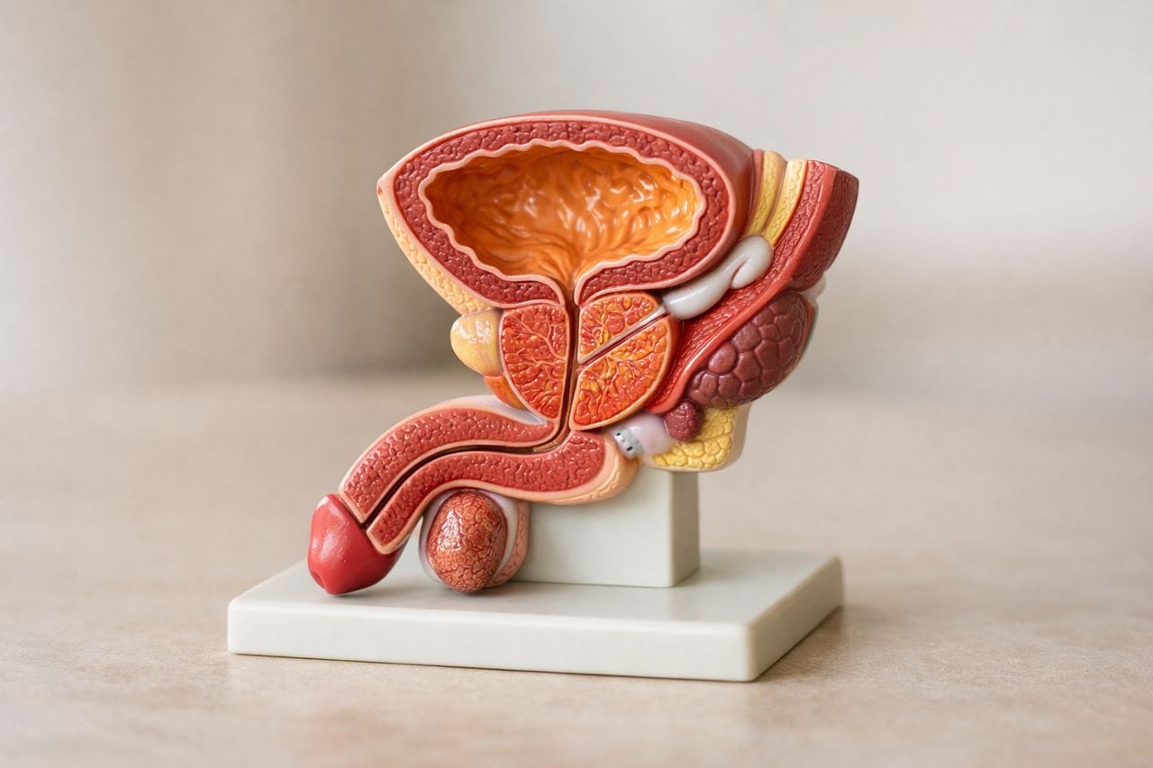 Modello anatomico della prostata su un superficie neutra con sfondo sfocato.