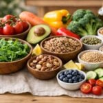 Selezione di ingredienti freschi per una dieta equilibrata su un tavolo di legno neutro