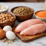 Disposizione di ingredienti alimentari ad alto contenuto proteico come ceci, lenticchie, uova e petto di pollo.