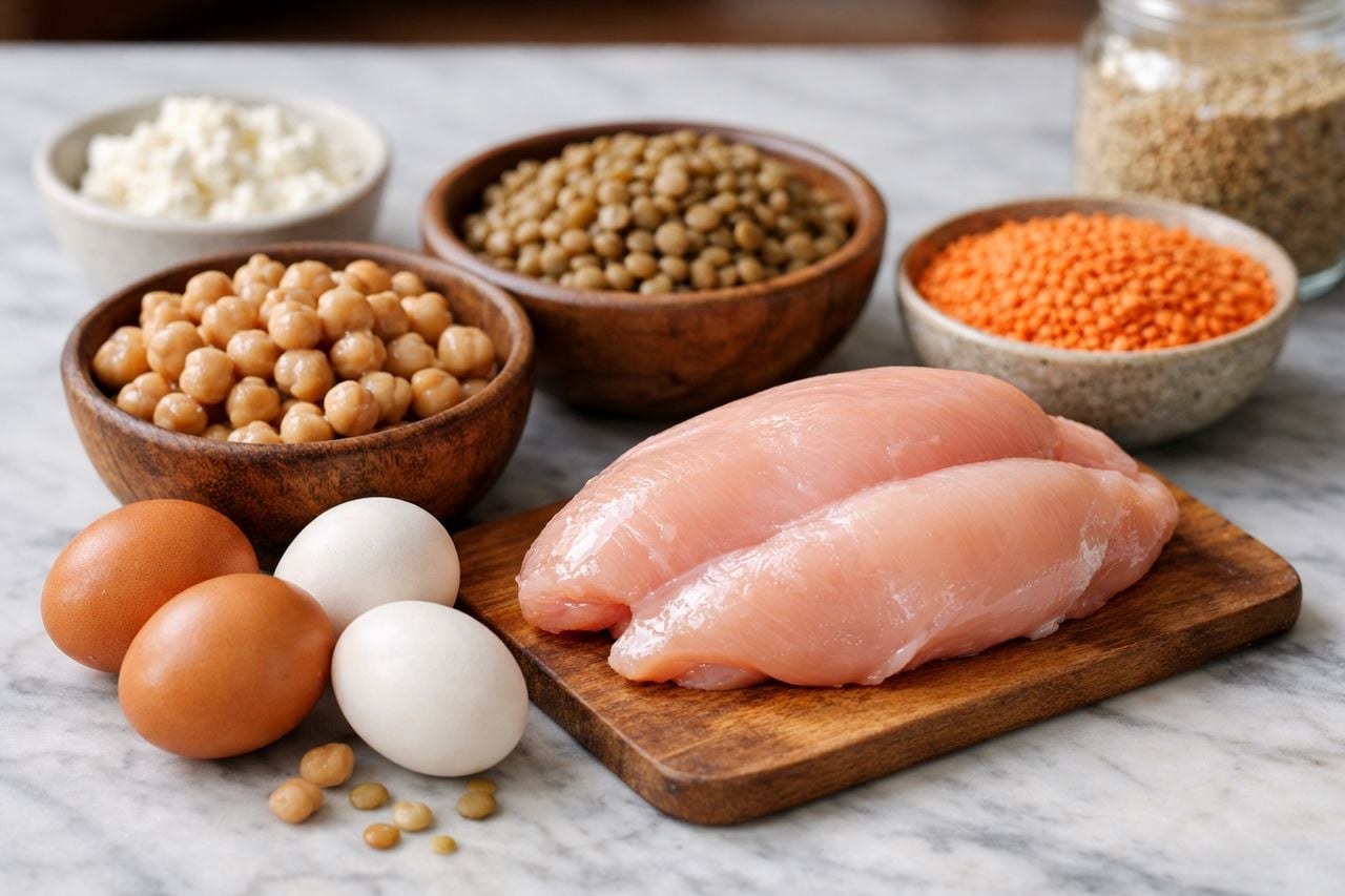 Disposizione di ingredienti alimentari ad alto contenuto proteico come ceci, lenticchie, uova e petto di pollo.