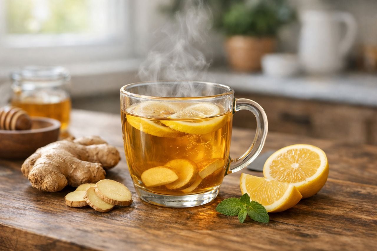Tazza di t&egrave; alle erbe con zenzero fresco e fette di limone su un tavolo di legno