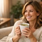 Una donna adulta sorride mentre tiene una tazza di tè aromatico nel suo accogliente salotto.