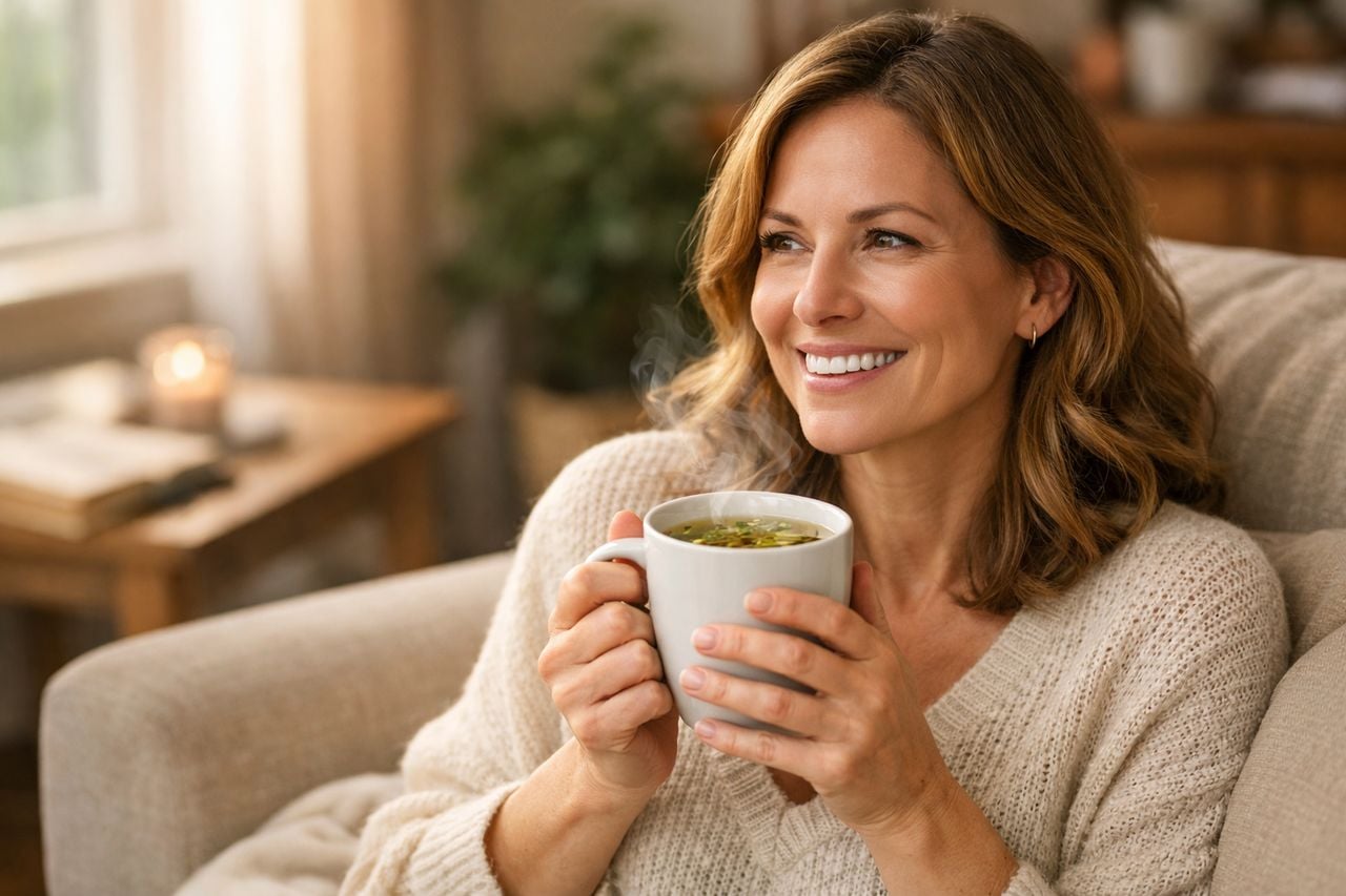 Una donna adulta sorride mentre tiene una tazza di t&egrave; aromatico nel suo accogliente salotto.