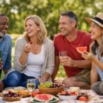 Un gruppo di adulti sorridenti si gode un picnic in un parco soleggiato.
