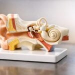 Modello anatomico dell'orecchio interno su una superficie liscia con sfondo neutro.