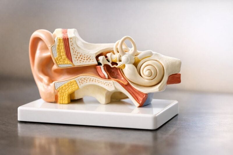Modello anatomico dell'orecchio interno su una superficie liscia con sfondo neutro.