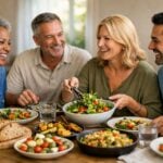 Gruppo di adulti sorridenti riuniti attorno a un tavolo con piatti sani e colorati.