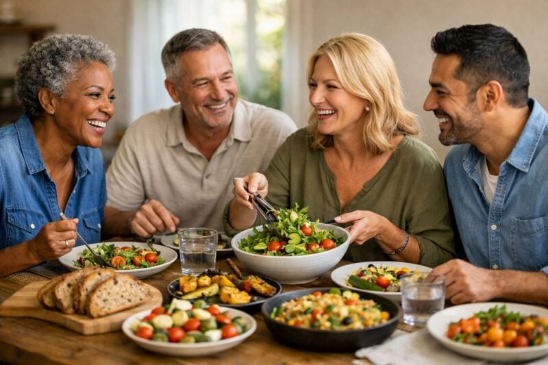 Gruppo di adulti sorridenti riuniti attorno a un tavolo con piatti sani e colorati.