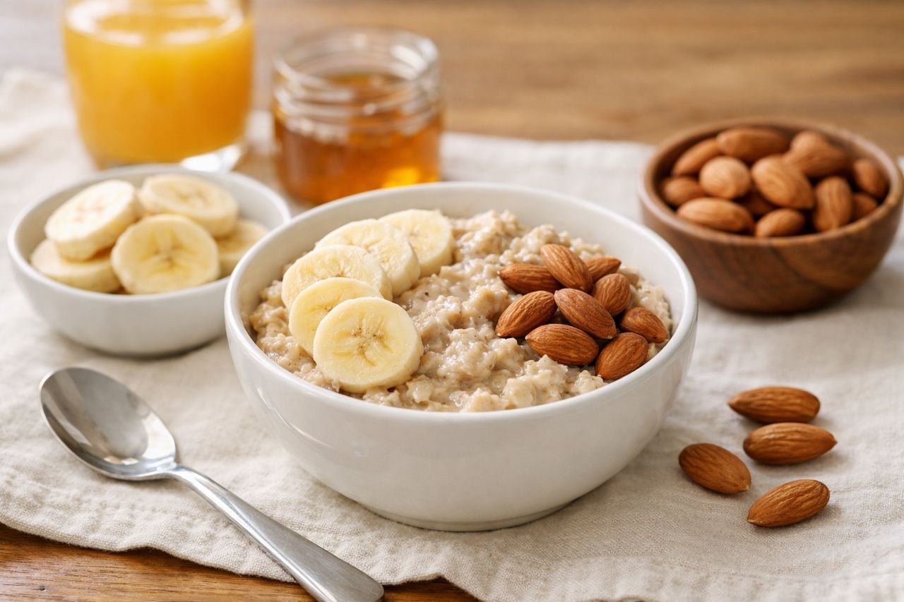 Rappresentazione di ingredienti per una colazione semplice, come avena, banane e mandorle su un tavolo neutro.