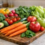 Disposizione artistica di frutta e verdura fresca su un tagliere di legno in una cucina neutra.