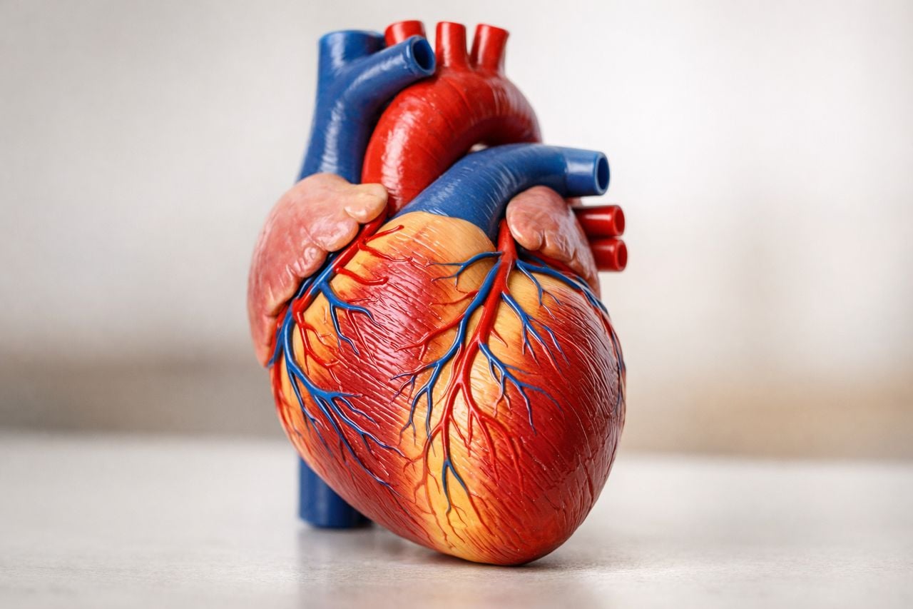 Modello anatomico del cuore su sfondo neutro con illuminazione morbida