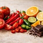 Disposizione piatta di ingredienti alimentari irritanti come pomodori, agrumi, peperoni piccanti e cioccolato.