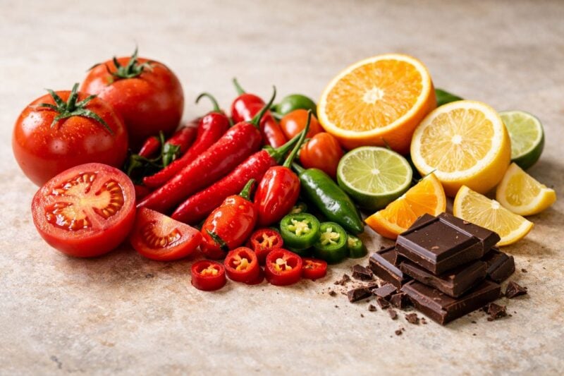 Disposizione piatta di ingredienti alimentari irritanti come pomodori, agrumi, peperoni piccanti e cioccolato.