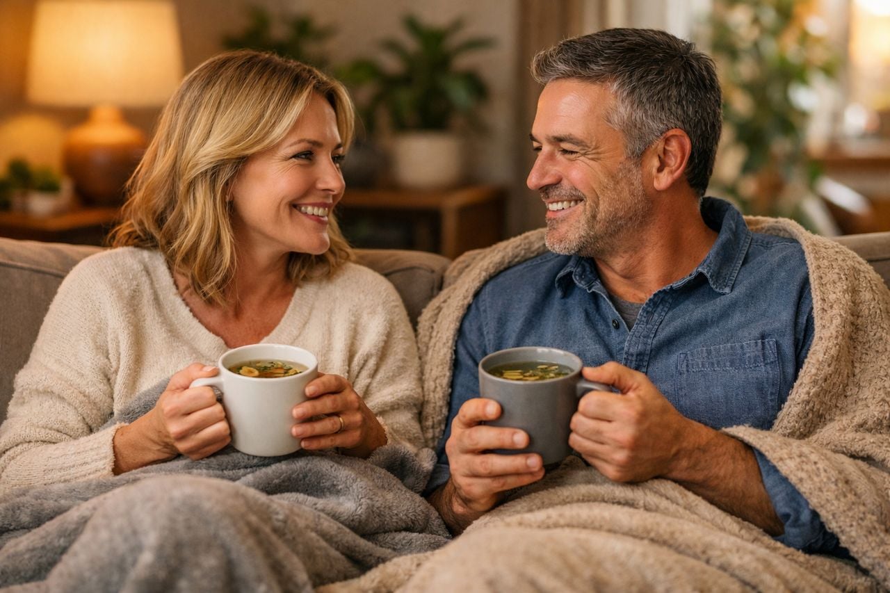 Due adulti si godono una serata rilassante su un divano, sorseggiando t&egrave; alle erbe e sorridendo.