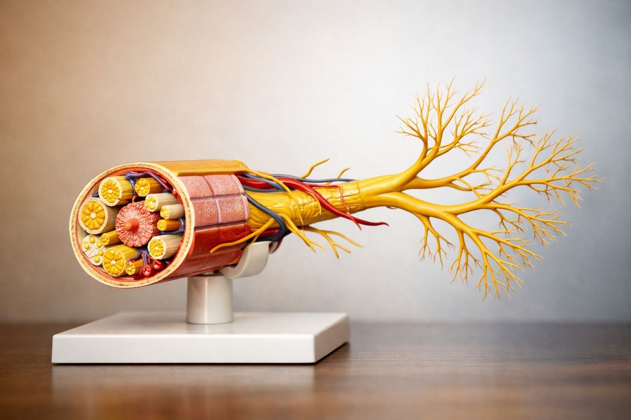 Modello anatomico di un nervo con dettagli sulla struttura e diramazione su sfondo neutro.