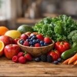 Assortimento di frutta e verdura fresche disposte su un tavolo di legno semplice e naturale.