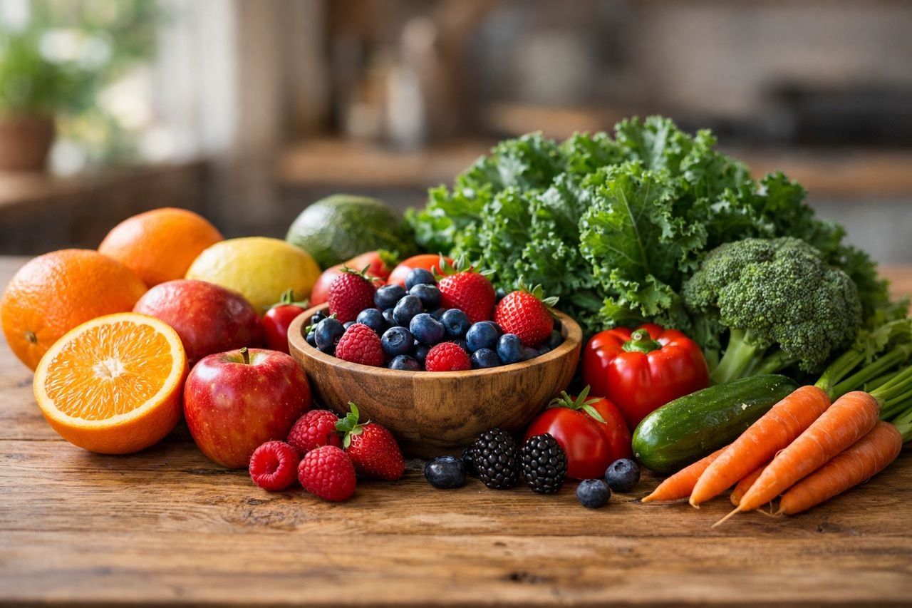 Assortimento di frutta e verdura fresche disposte su un tavolo di legno semplice e naturale.