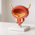 Modello anatomico della vescica esposto su una superficie bianca