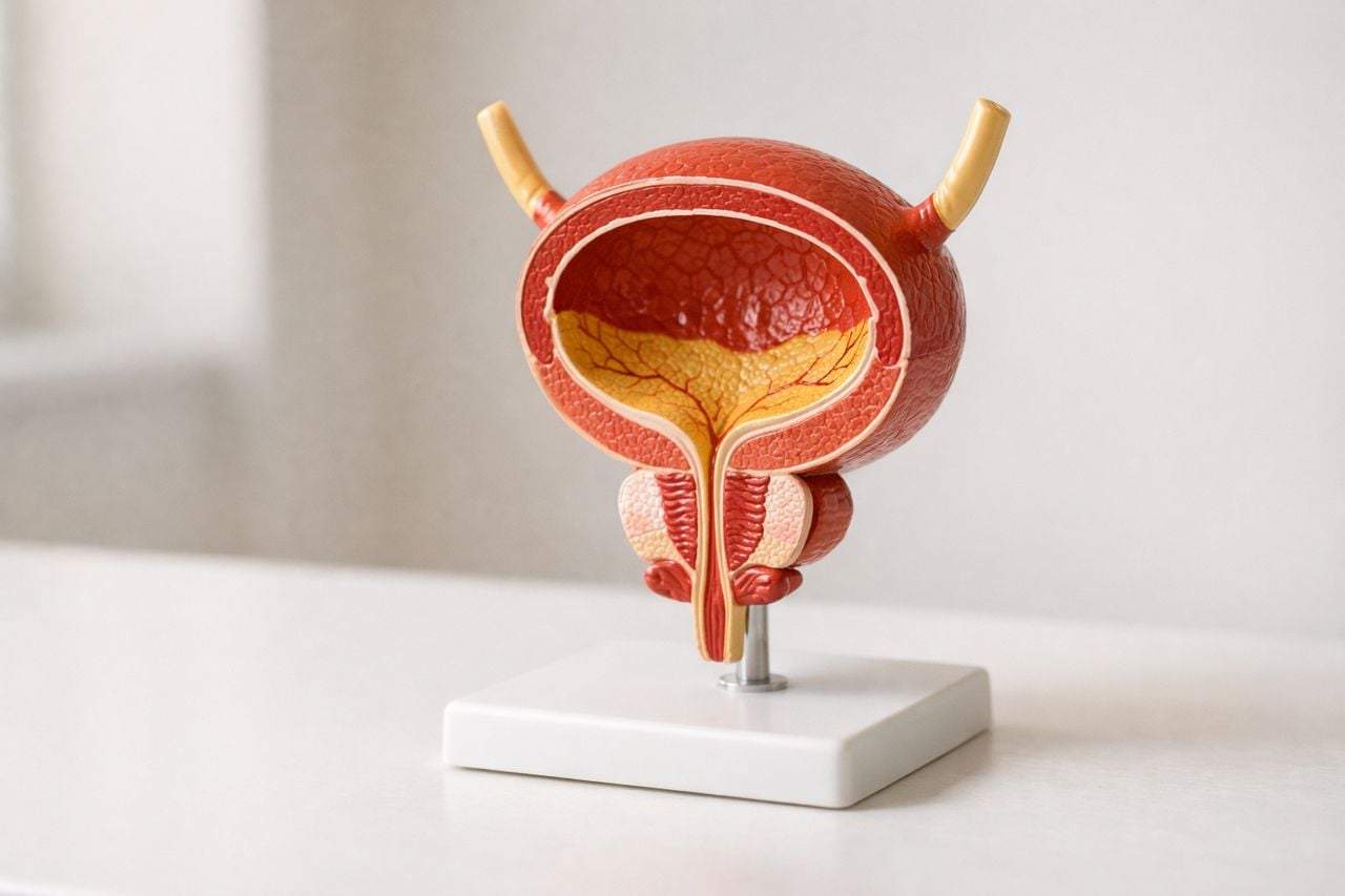 Modello anatomico della vescica esposto su una superficie bianca