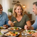 Gruppo di adulti sorridenti condivide un pasto equilibrato in una sala da pranzo semplice e accogliente.