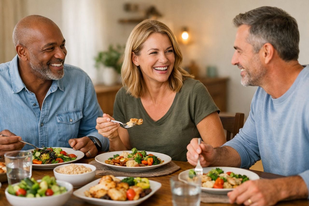 Gruppo di adulti sorridenti condivide un pasto equilibrato in una sala da pranzo semplice e accogliente.