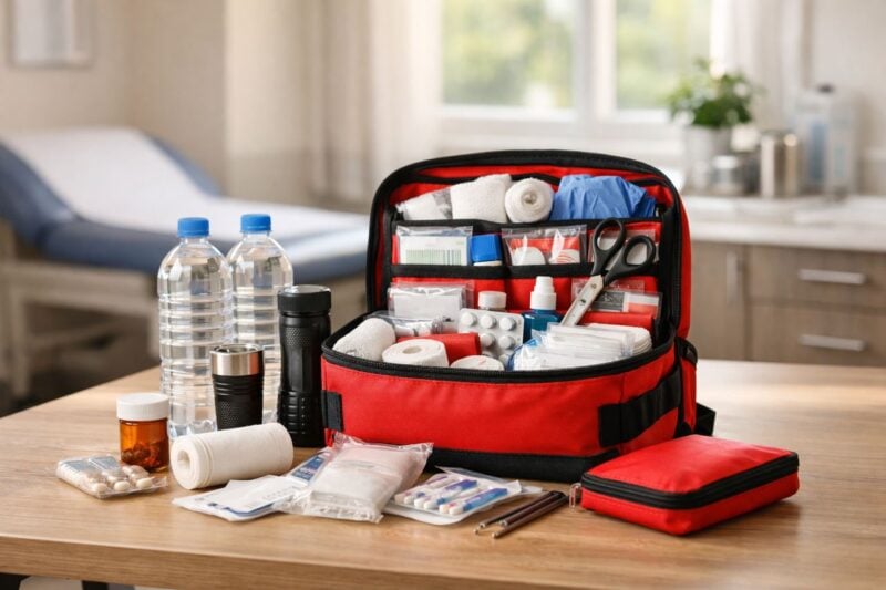 Kit di pronto soccorso ben organizzato su un tavolo in una clinica.