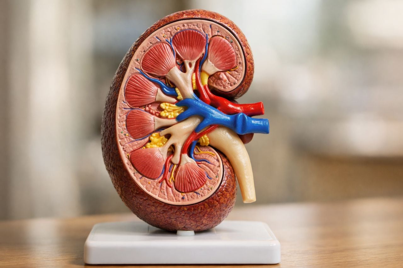 Un modello anatomico di un rene umano su sfondo neutro per evidenziare la struttura