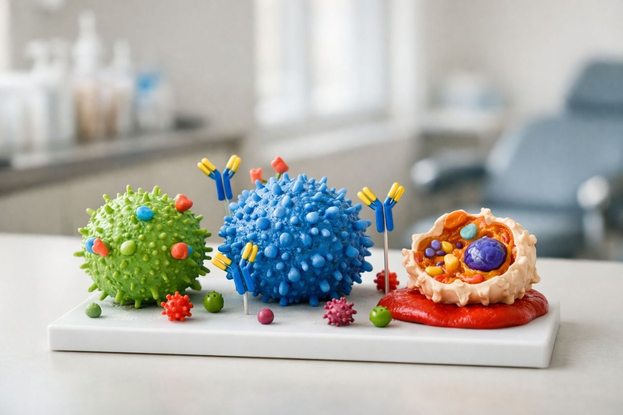 Modello anatomico che illustra i componenti della risposta immunitaria in un ambiente clinico.