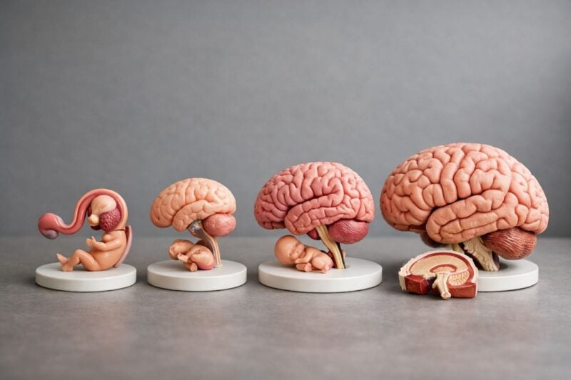 Modello anatomico dello sviluppo cerebrale su sfondo neutro.