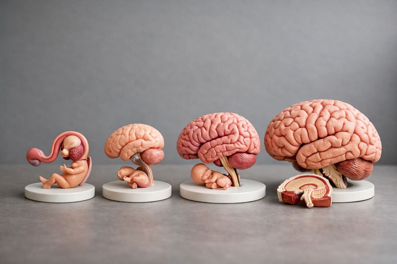 Modello anatomico dello sviluppo cerebrale su sfondo neutro.