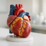 Modello anatomico del cuore su una superficie pulita e bianca con sfondo neutro.