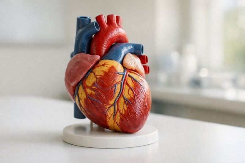 Modello anatomico del cuore su una superficie pulita e bianca con sfondo neutro.