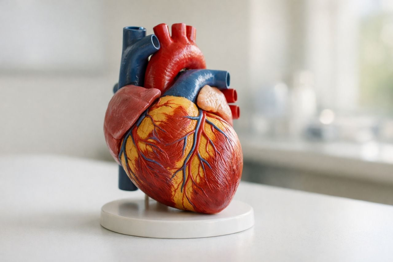 Modello anatomico del cuore su una superficie pulita e bianca con sfondo neutro.