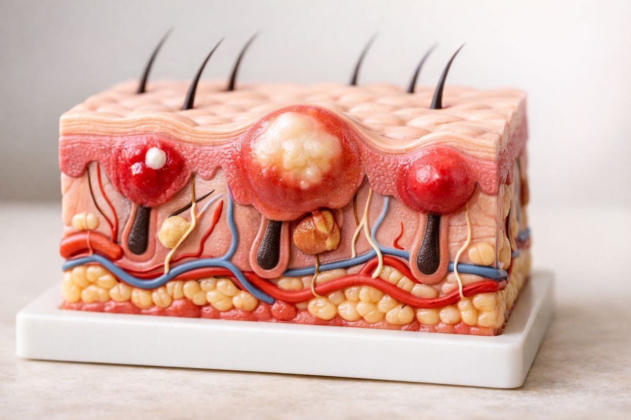 Modello anatomico di pelle che evidenzia i livelli e le lesioni da acne su uno sfondo neutro.