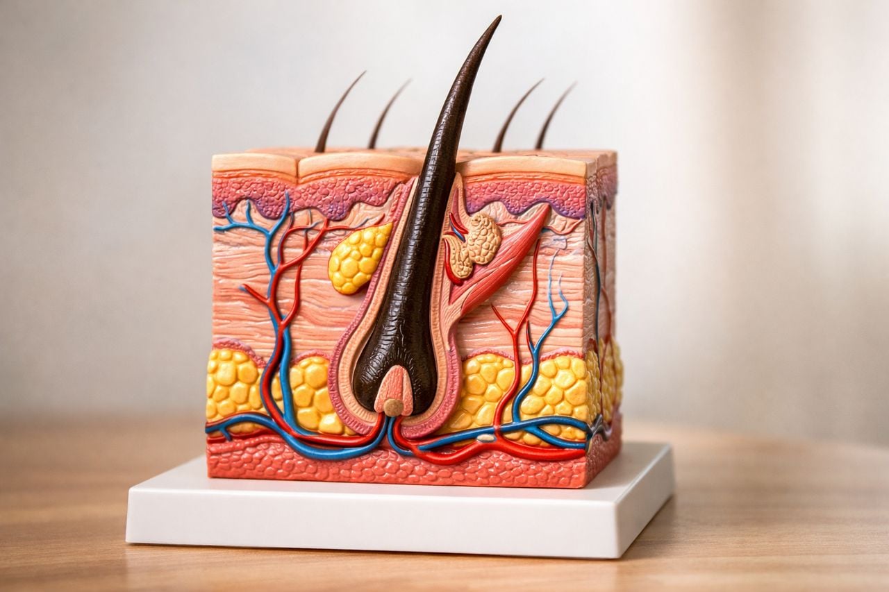 Modello anatomico di un follicolo pilifero su sfondo neutro.