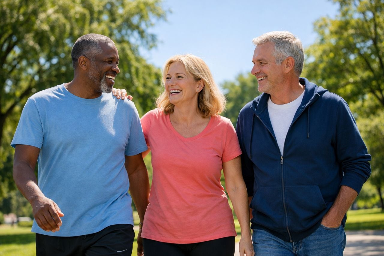 Gruppo di tre adulti sorridenti che camminano insieme in un parco soleggiato