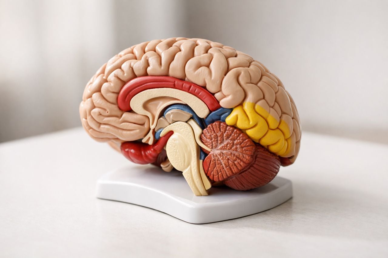 Modello anatomico del cervello esposto su una superficie bianca.