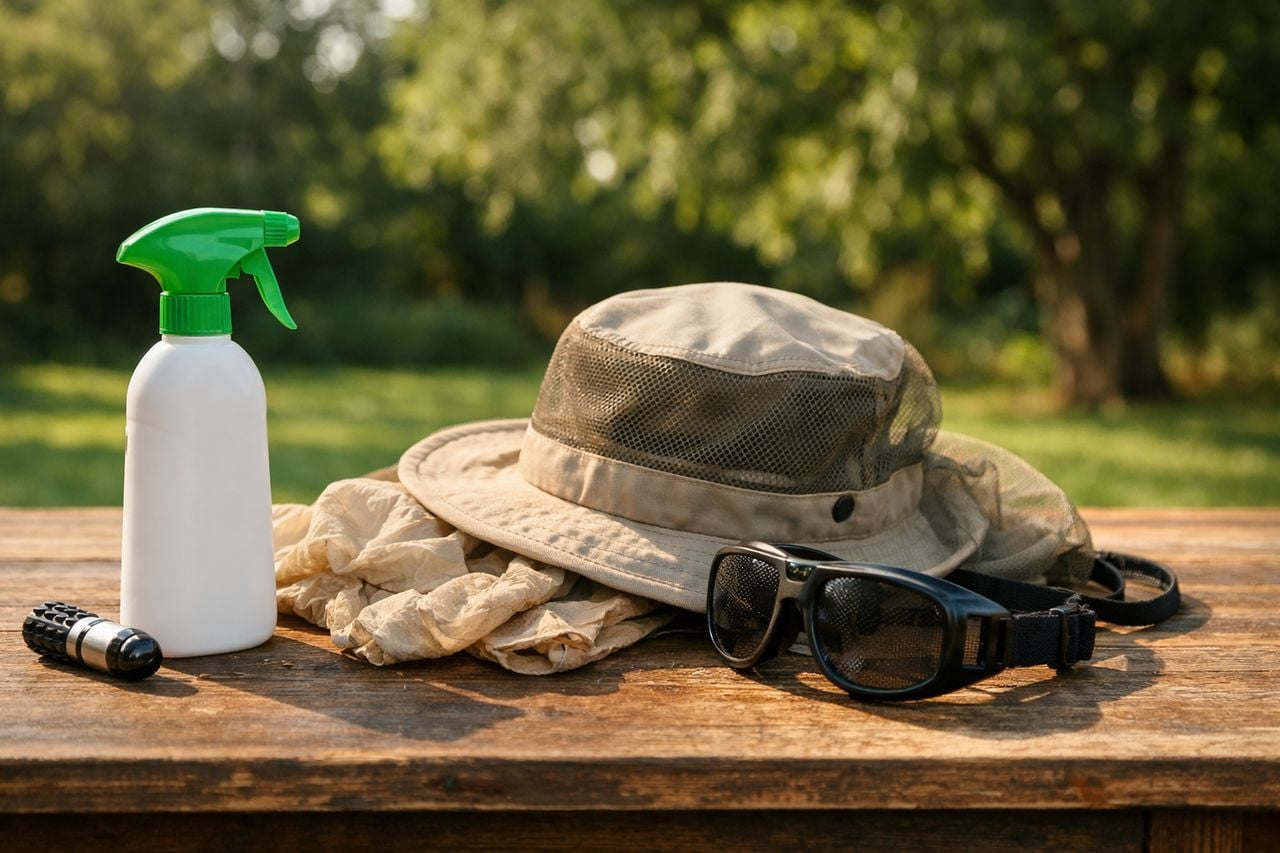 Un flacone spray e attrezzatura protettiva per la prevenzione delle zanzare in uno spazio esterno.