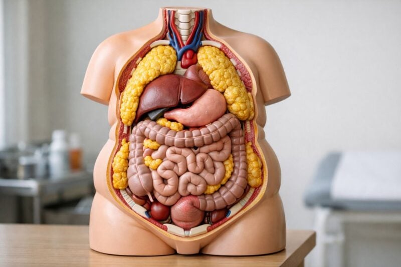 Modello anatomico di torso umano che evidenzia il tessuto adiposo e gli organi legati all'obesità in un ambiente clinico.