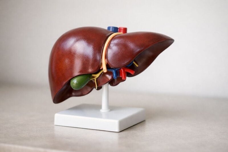 Modello anatomico di fegato su una superficie neutra in un contesto semplice.