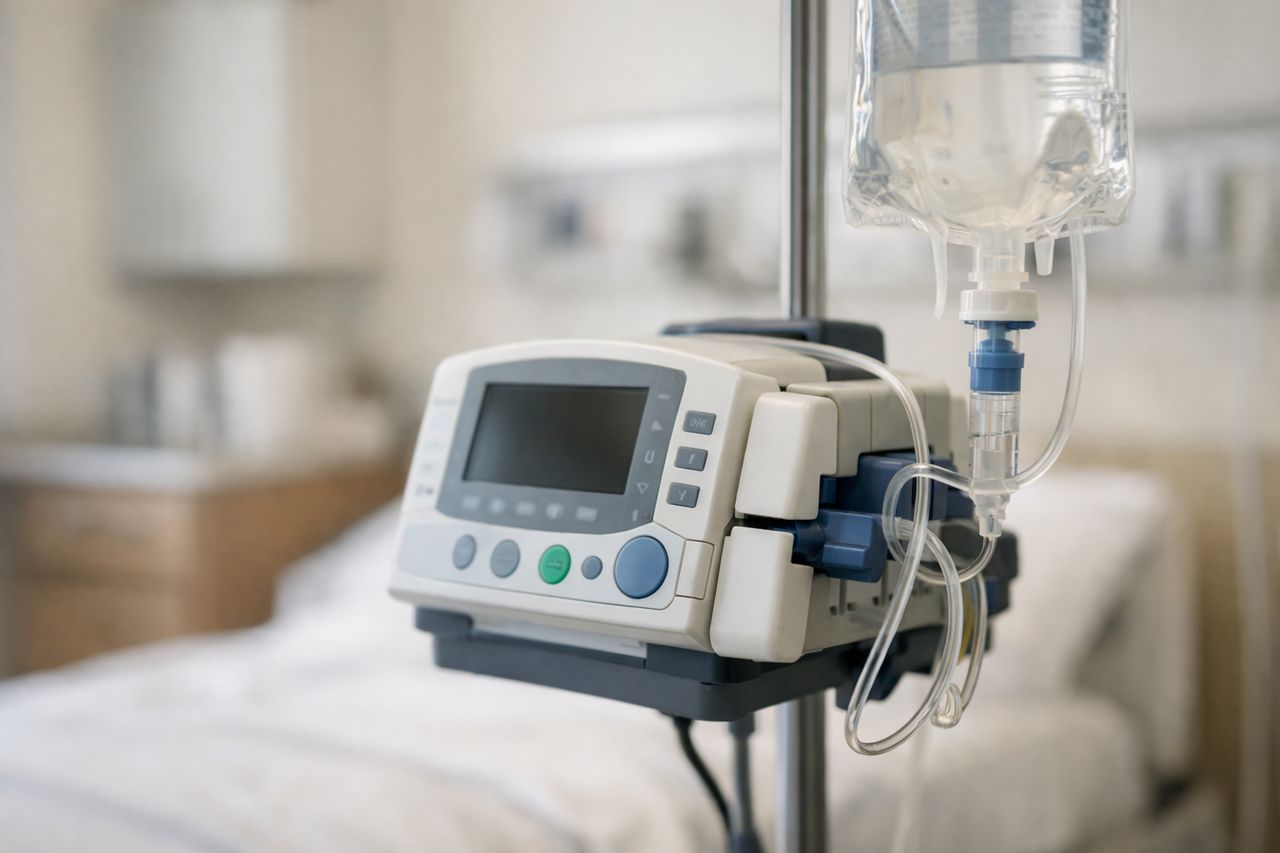 Primo piano di una pompa per infusione di farmaci immunosoppressori in una clinica sterile.