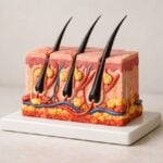 Modello anatomico dei follicoli piliferi su una superficie neutra.