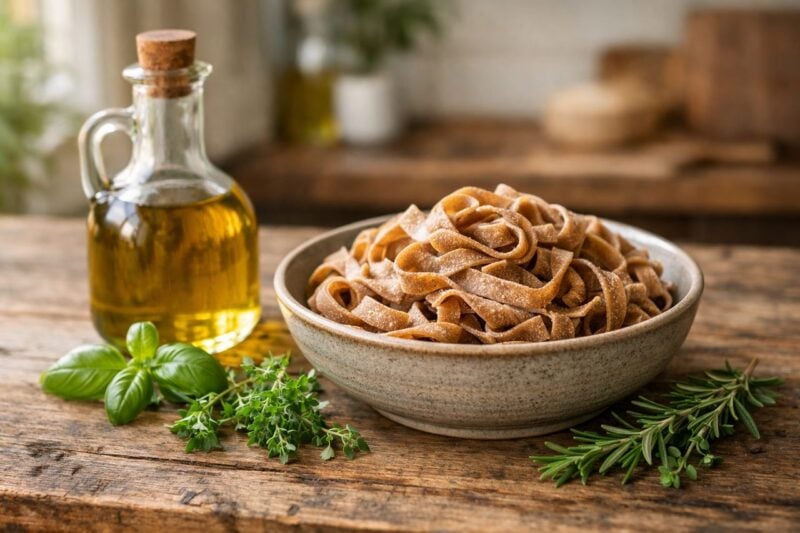 Una tavola di legno con una bottiglia di olio d'oliva e una ciotola di pasta integrale fresca.