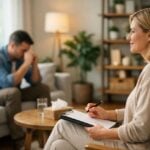 Una stanza di terapia con arredamento confortevole e piante decorative in un ambiente di supporto mentale