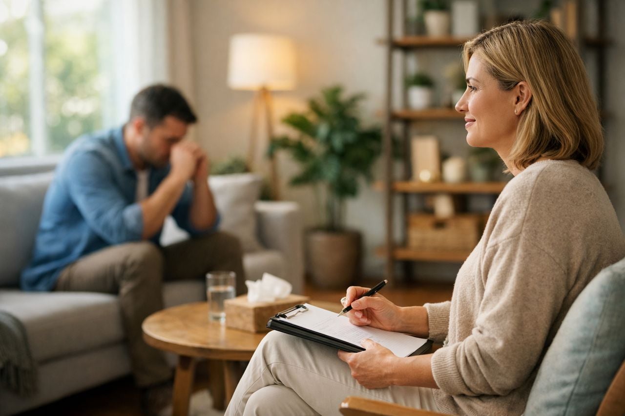 Una stanza di terapia con arredamento confortevole e piante decorative in un ambiente di supporto mentale