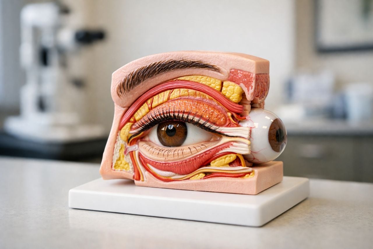 Modello anatomico delle strutture della palpebra in un ambiente clinico.