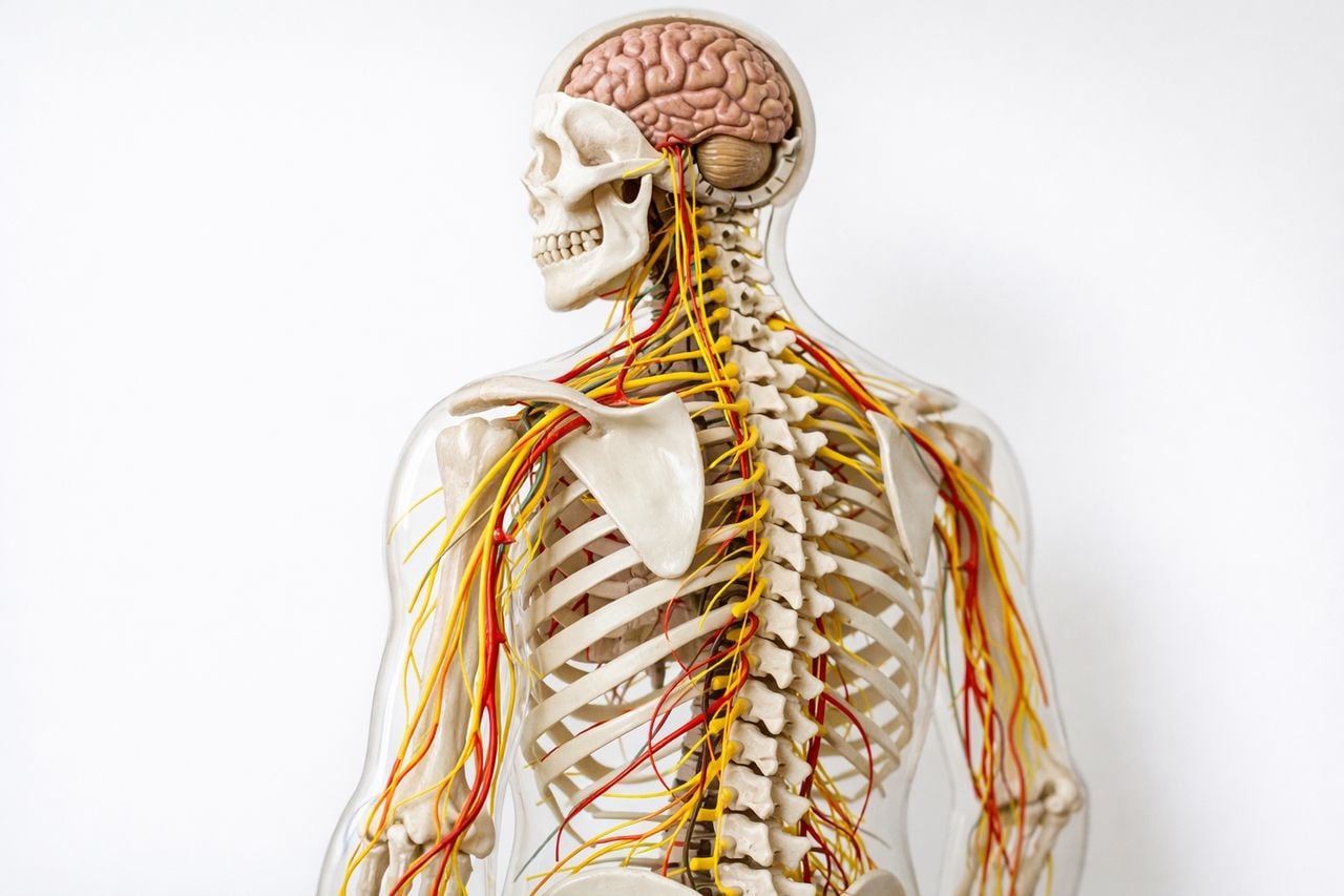 Modello anatomico del sistema nervoso su sfondo neutro in un ambiente clinico